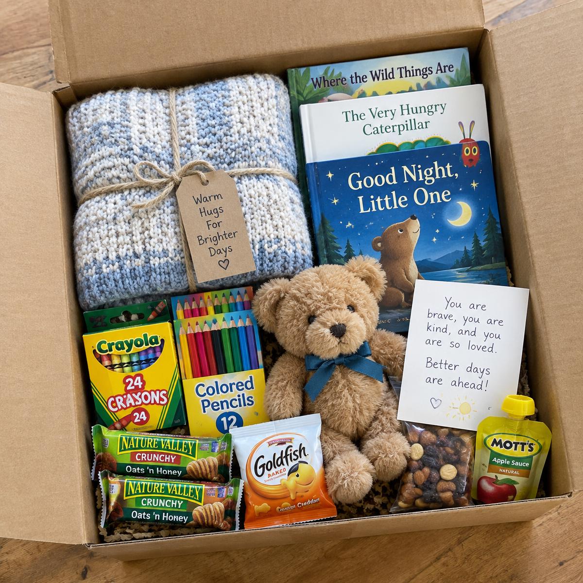 An open Granny Box with a blanket, books, crayons and a teddy bear
