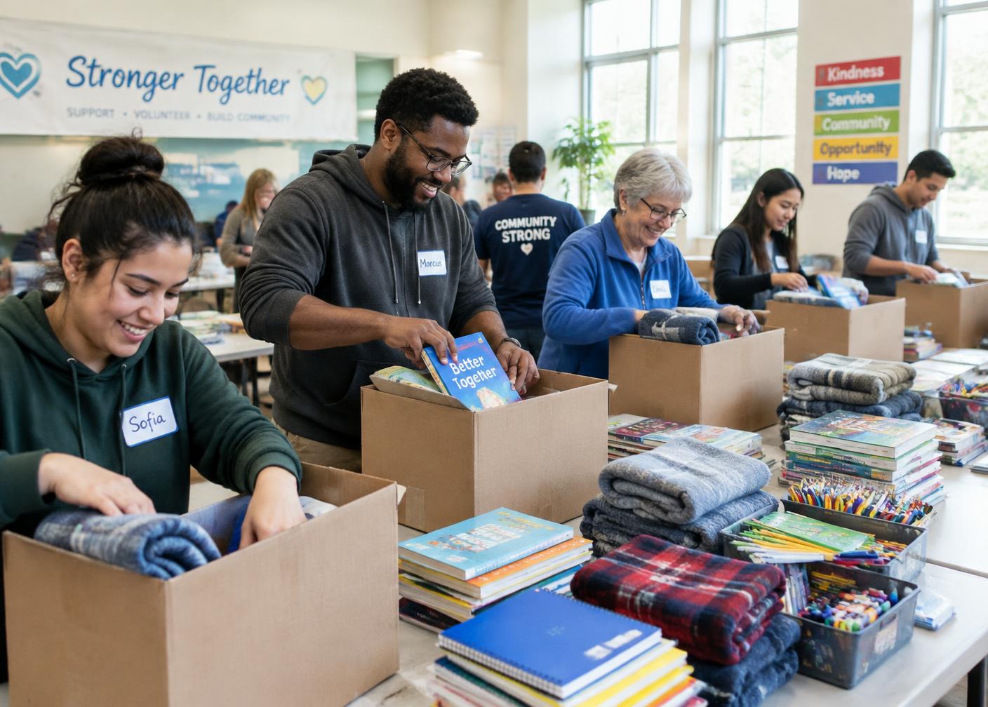 Volunteers packing boxes with blankets and books